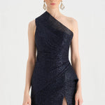 Tek Omuzlu Yanı Drapeli Abiye Elbise - 26003C - LACİVERT