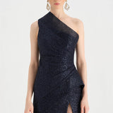 Tek Omuzlu Yanı Drapeli Abiye Elbise - 26003C - LACİVERT