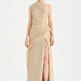 Tek Omuzlu Yanı Drapeli Abiye Elbise - 26003C - BEJ