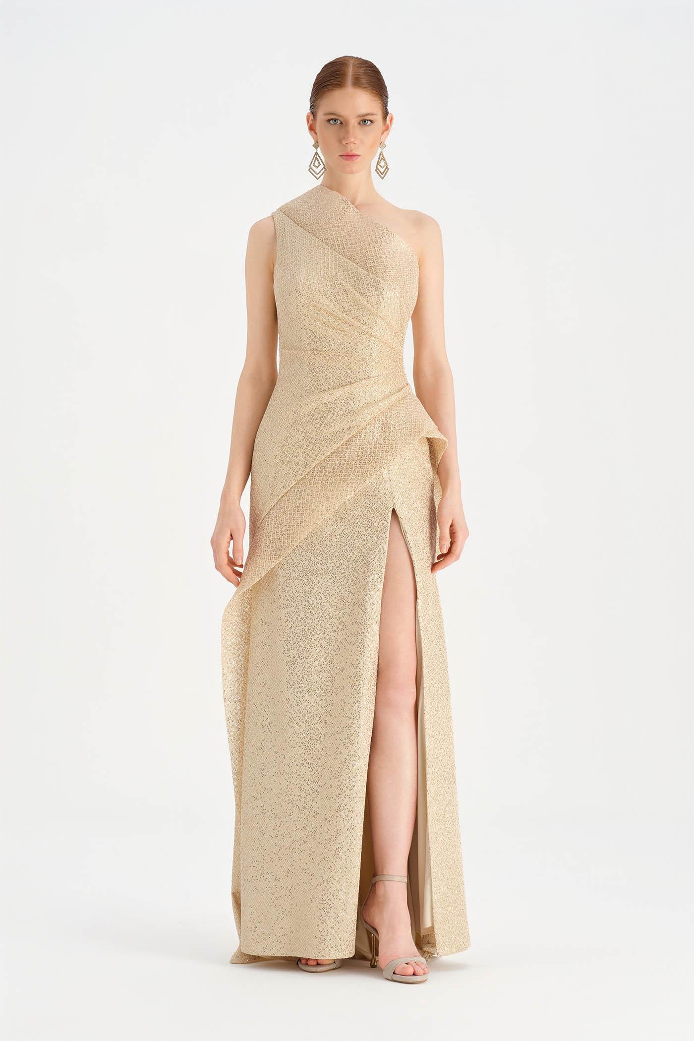 Tek Omuzlu Yanı Drapeli Abiye Elbise - 26003C - BEJ