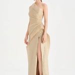 Tek Omuzlu Yanı Drapeli Abiye Elbise - 26003C - BEJ