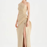 Tek Omuzlu Yanı Drapeli Abiye Elbise - 26003C - BEJ