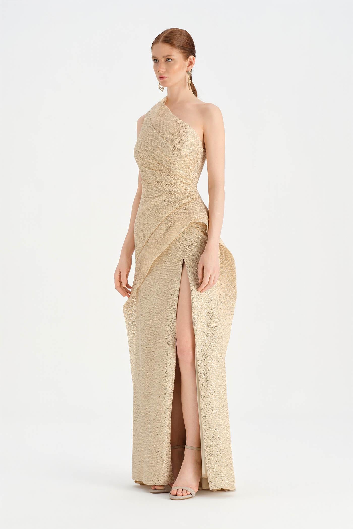 Tek Omuzlu Yanı Drapeli Abiye Elbise - 26003C - BEJ