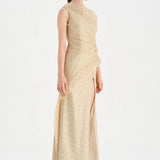 Tek Omuzlu Yanı Drapeli Abiye Elbise - 26003C - BEJ