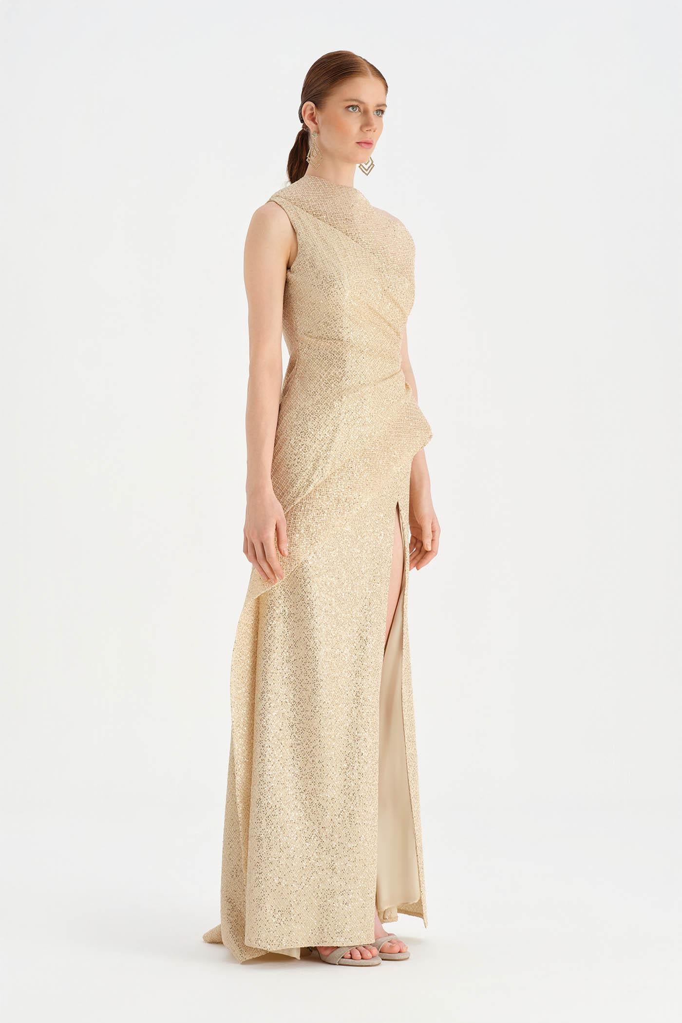 Tek Omuzlu Yanı Drapeli Abiye Elbise - 26003C - BEJ