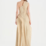 Tek Omuzlu Yanı Drapeli Abiye Elbise - 26003C - BEJ