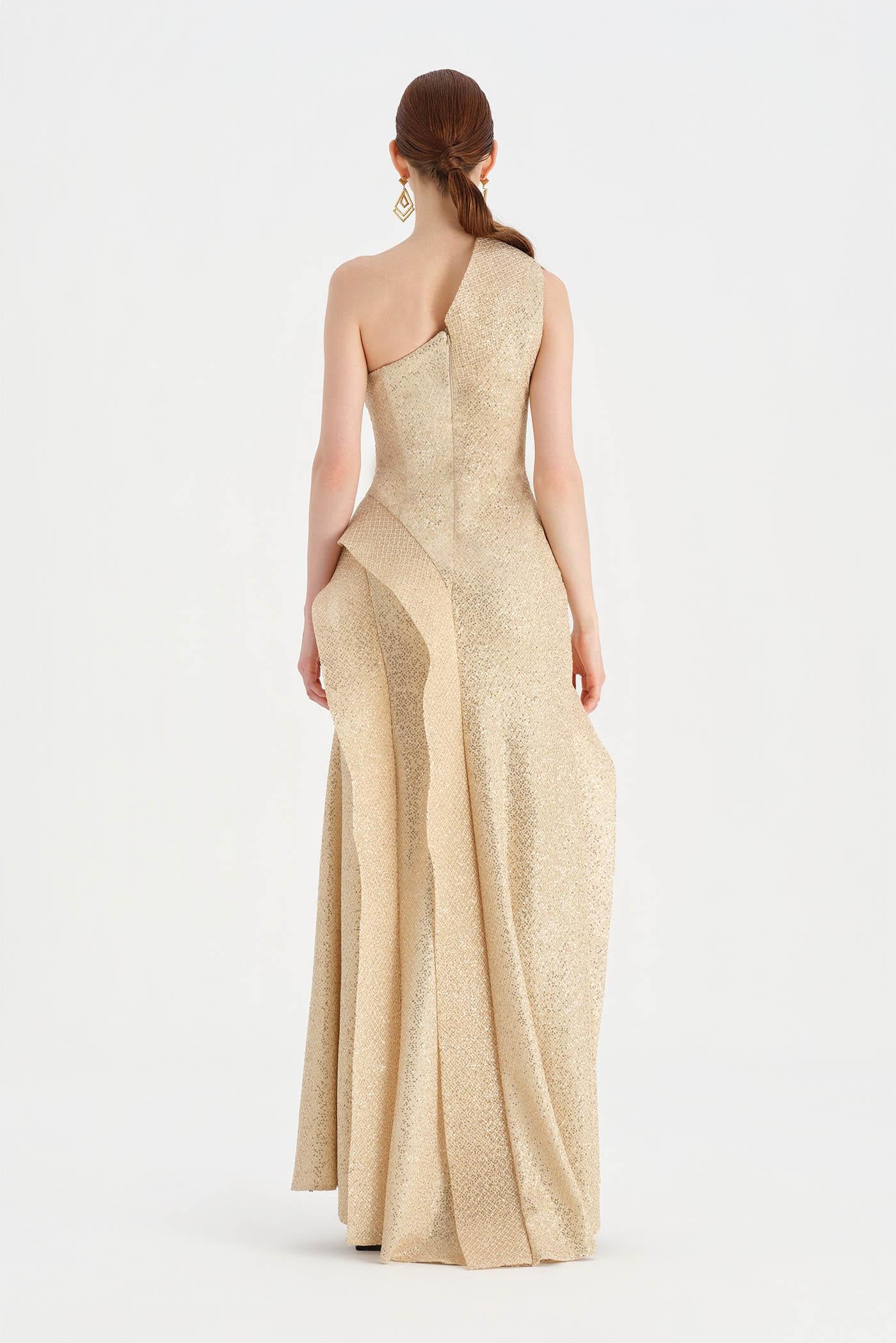 Tek Omuzlu Yanı Drapeli Abiye Elbise - 26003C - BEJ