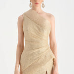 Tek Omuzlu Yanı Drapeli Abiye Elbise - 26003C - BEJ