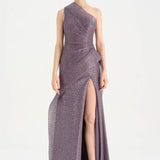 Tek Omuzlu Yanı Drapeli Abiye Elbise - 26003C - LAVANTA