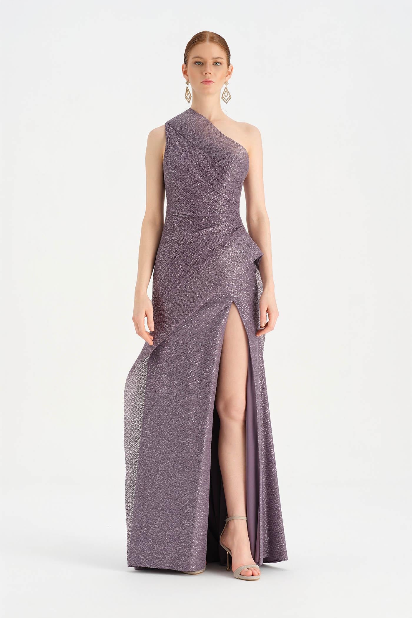 Tek Omuzlu Yanı Drapeli Abiye Elbise - 26003C - LAVANTA