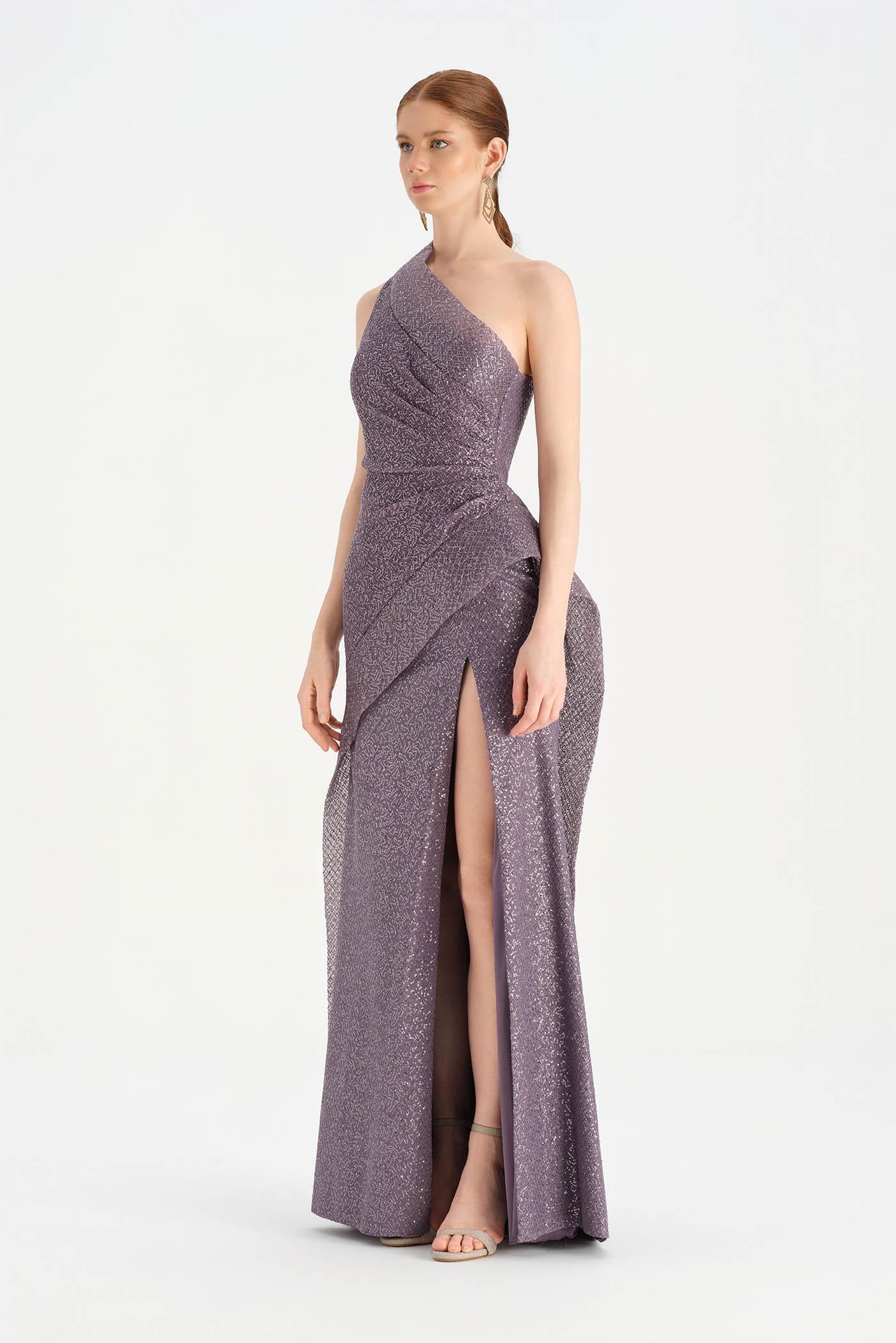 Tek Omuzlu Yanı Drapeli Abiye Elbise - 26003C - LAVANTA