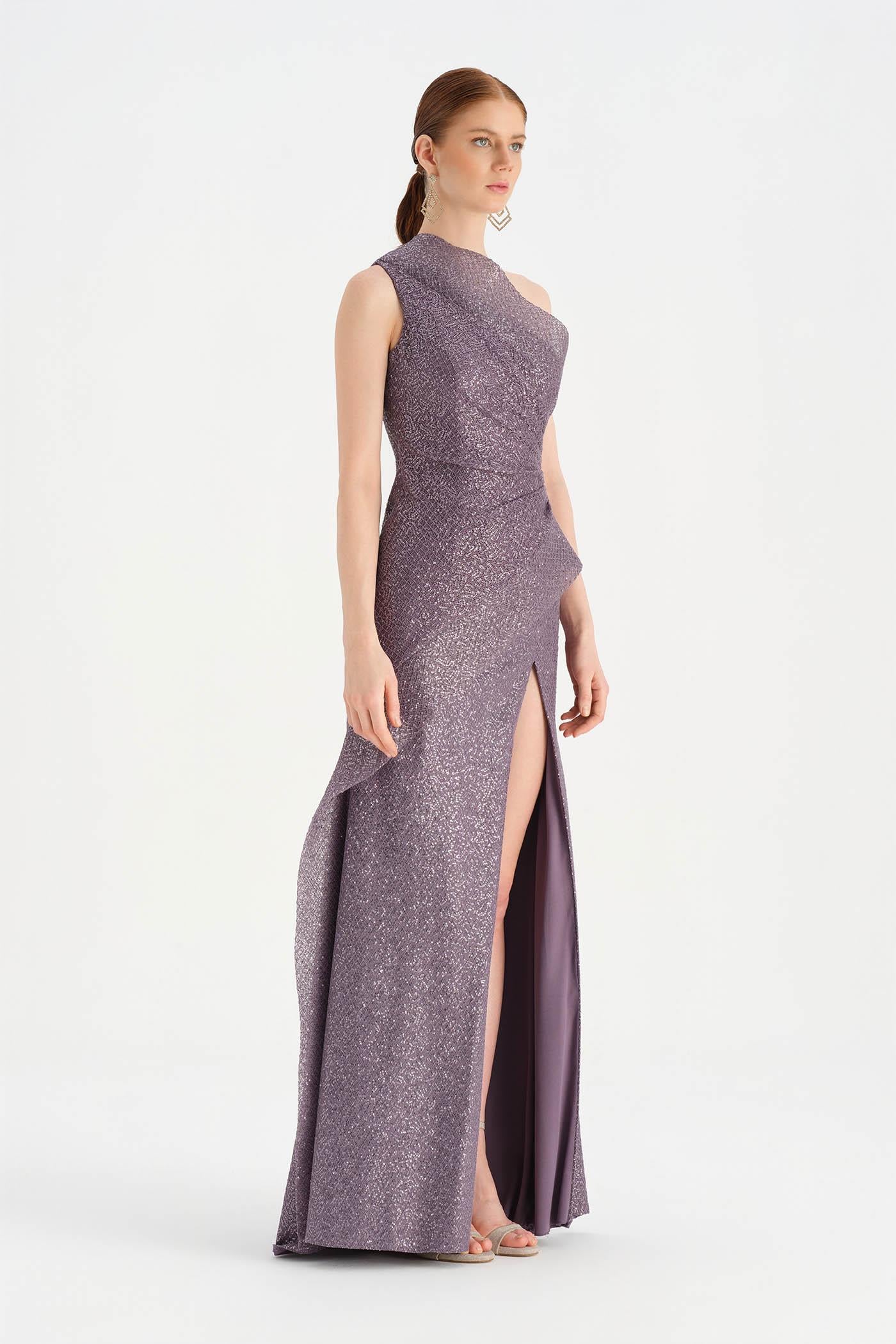 Tek Omuzlu Yanı Drapeli Abiye Elbise - 26003C - LAVANTA