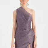 Tek Omuzlu Yanı Drapeli Abiye Elbise - 26003C - LAVANTA