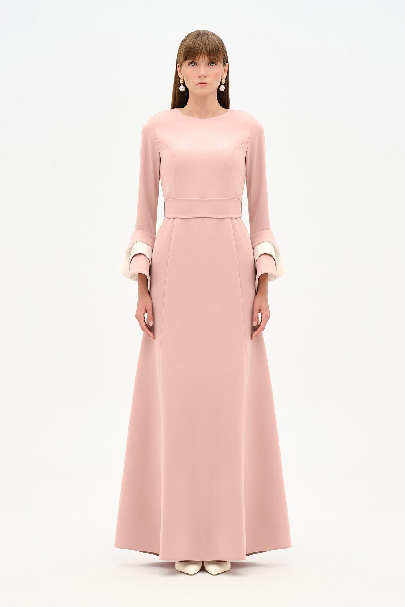 Chic Evening Dress with Belt and Covered Sleeves - 26171C