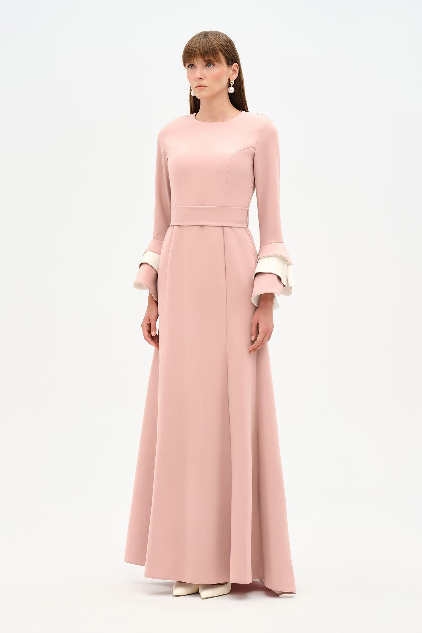 Chic Evening Dress with Belt and Covered Sleeves - 26171C
