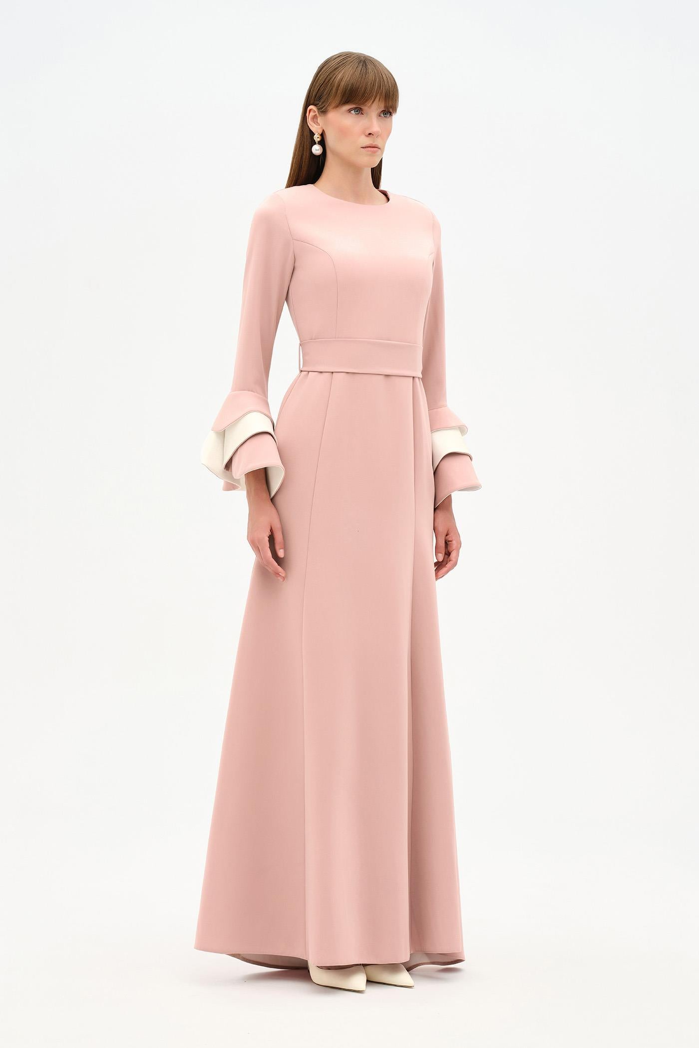 Chic Evening Dress with Belt and Covered Sleeves - 26171C