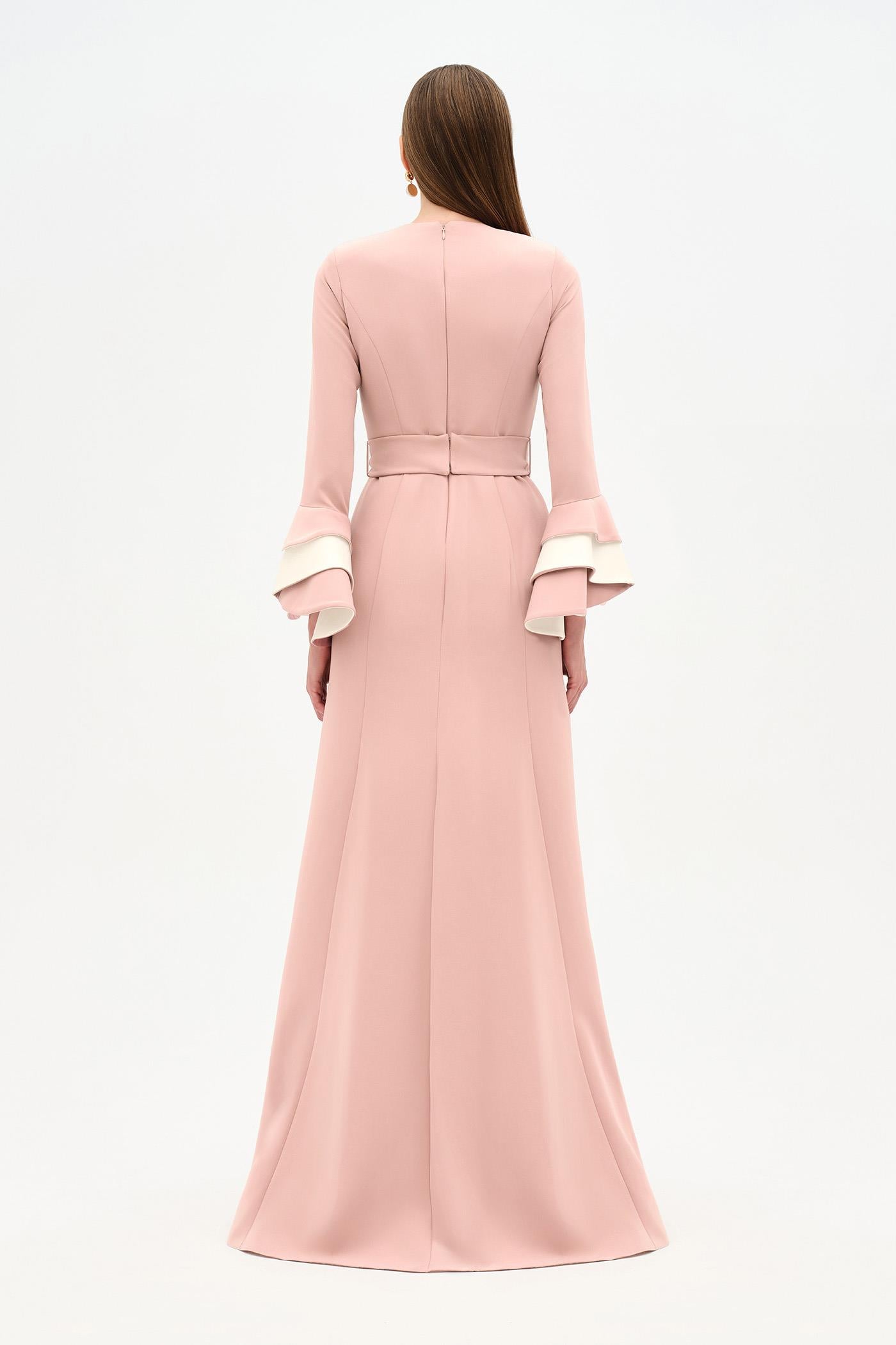 Chic Evening Dress with Belt and Covered Sleeves - 26171C