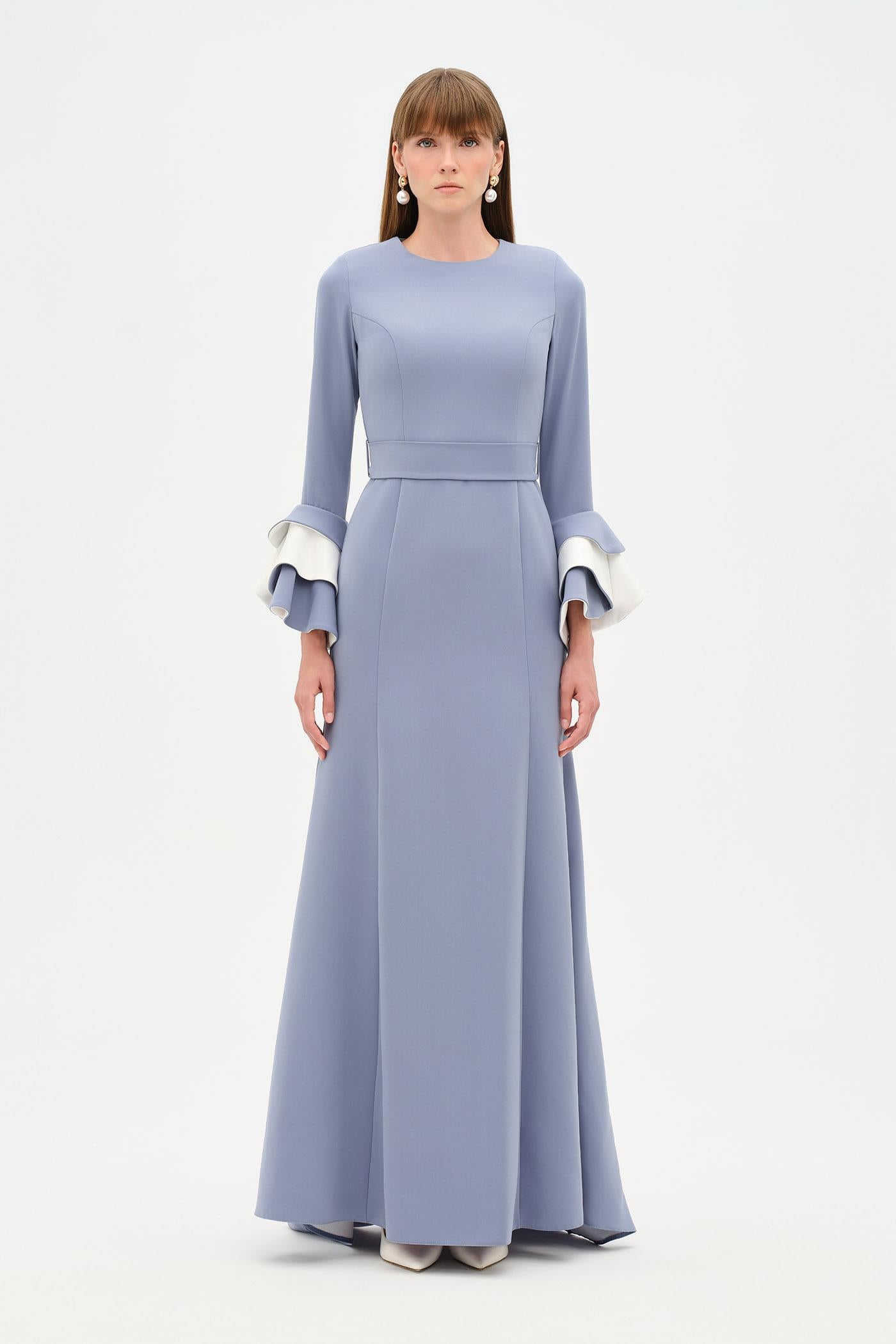 Chic Evening Dress with Belt and Covered Sleeves - 26171C