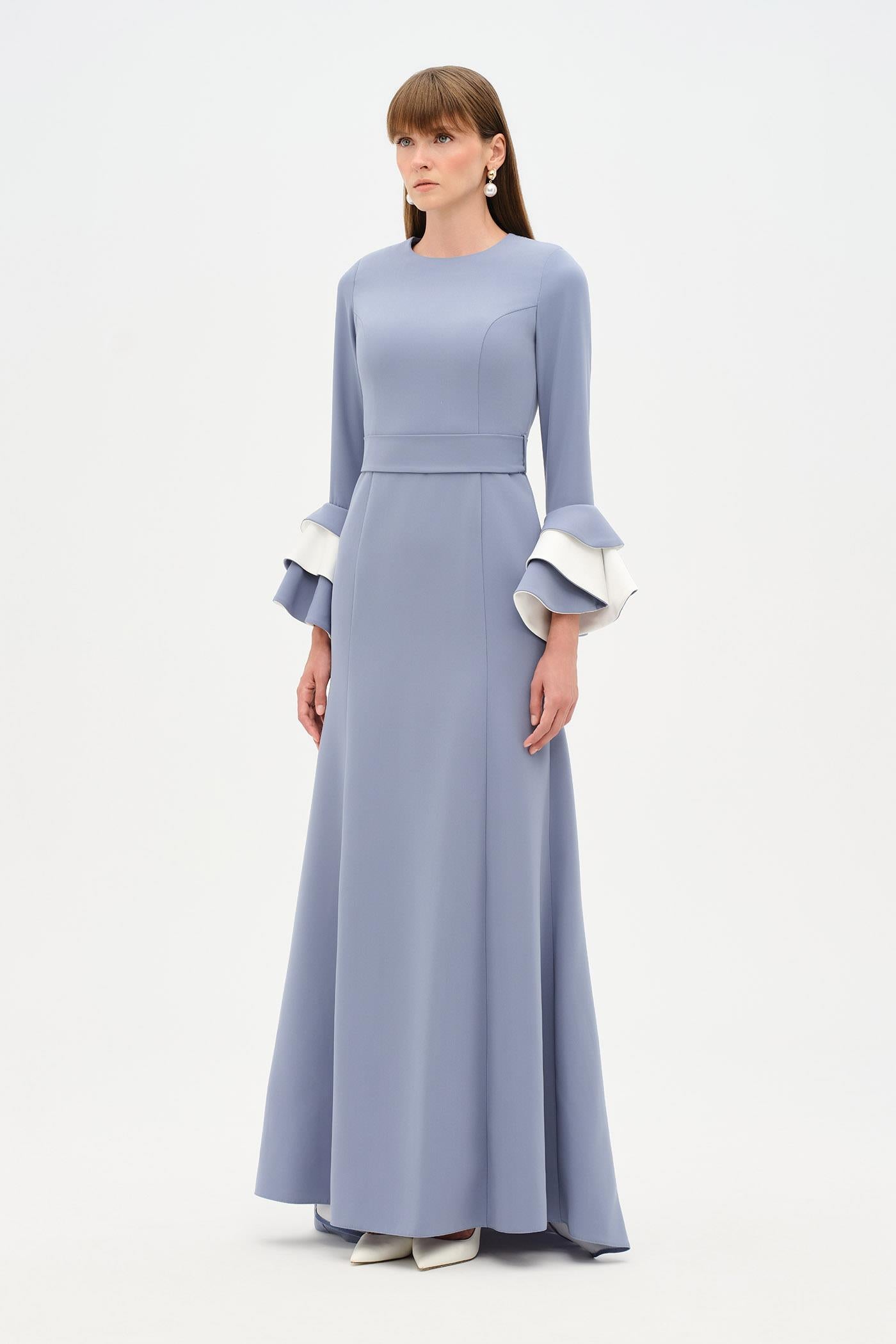 Chic Evening Dress with Belt and Covered Sleeves - 26171C