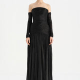 Uzun Kol Starplez Yaka Detaylı Pilise Abiye Elbise - 26091C - SİYAH