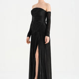 Uzun Kol Starplez Yaka Detaylı Pilise Abiye Elbise - 26091C - SİYAH