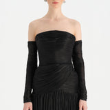 Uzun Kol Starplez Yaka Detaylı Pilise Abiye Elbise - 26091C - SİYAH