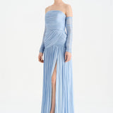 Uzun Kol Starplez Yaka Detaylı Pilise Abiye Elbise - 26091C - Bebe Mavi