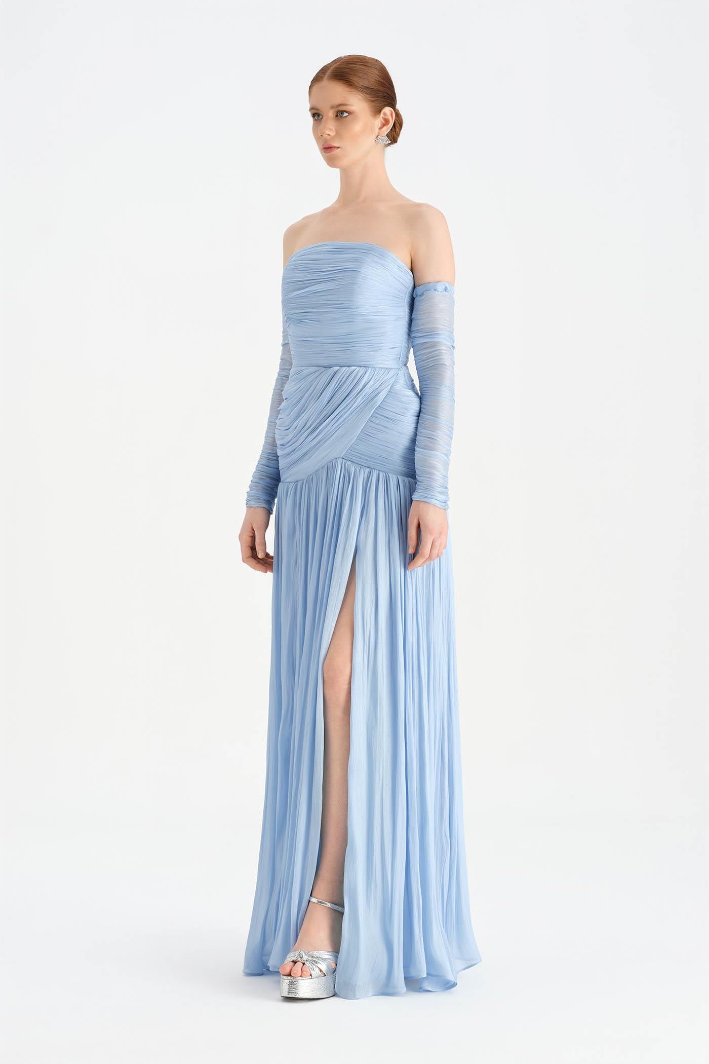 Uzun Kol Starplez Yaka Detaylı Pilise Abiye Elbise - 26091C - Bebe Mavi