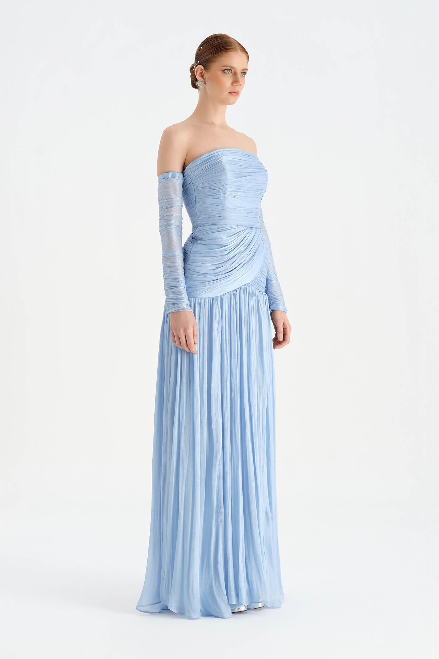 Uzun Kol Starplez Yaka Detaylı Pilise Abiye Elbise - 26091C - Bebe Mavi