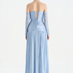 Uzun Kol Starplez Yaka Detaylı Pilise Abiye Elbise - 26091C - Bebe Mavi