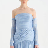 Uzun Kol Starplez Yaka Detaylı Pilise Abiye Elbise - 26091C - Bebe Mavi