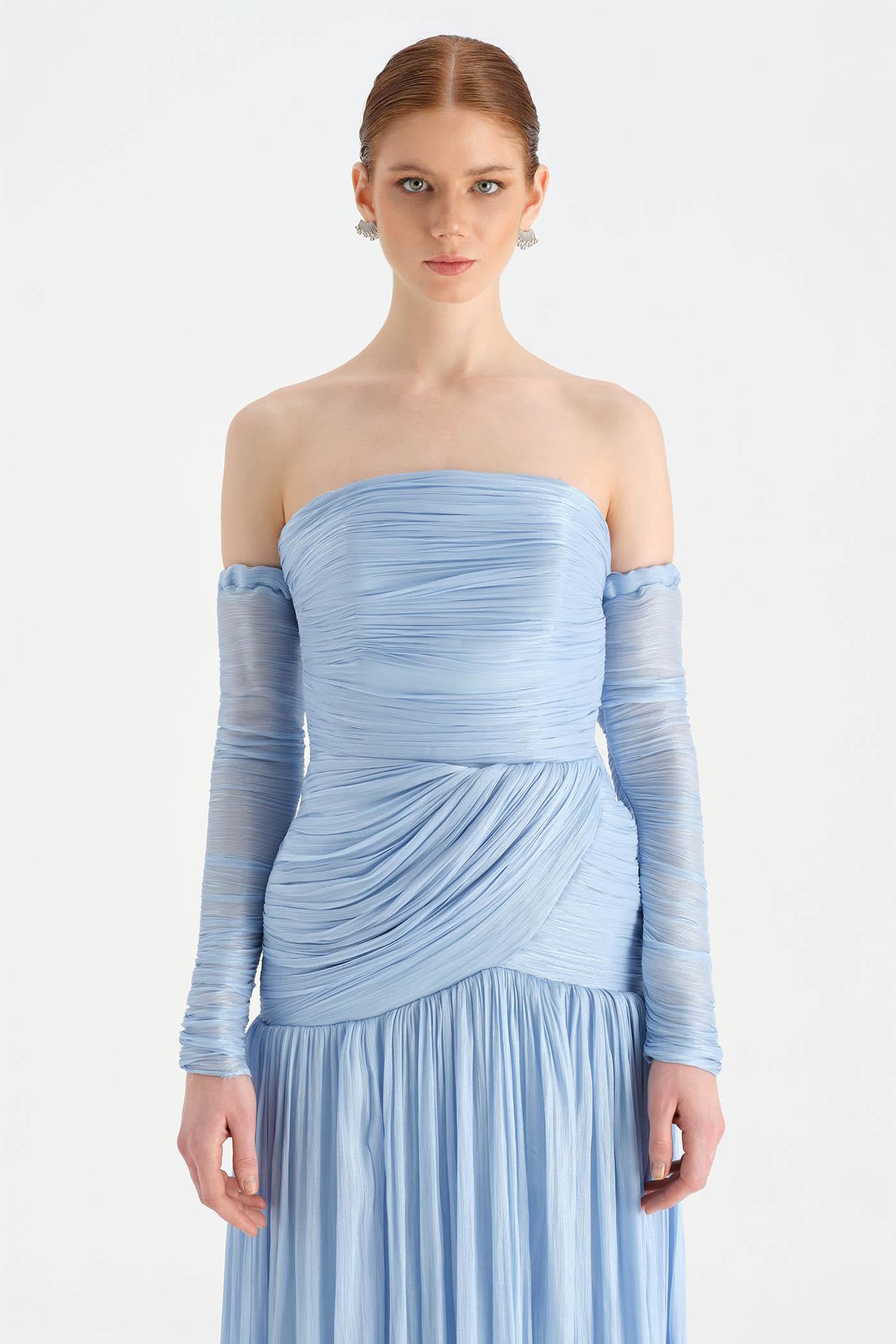 Uzun Kol Starplez Yaka Detaylı Pilise Abiye Elbise - 26091C - Bebe Mavi