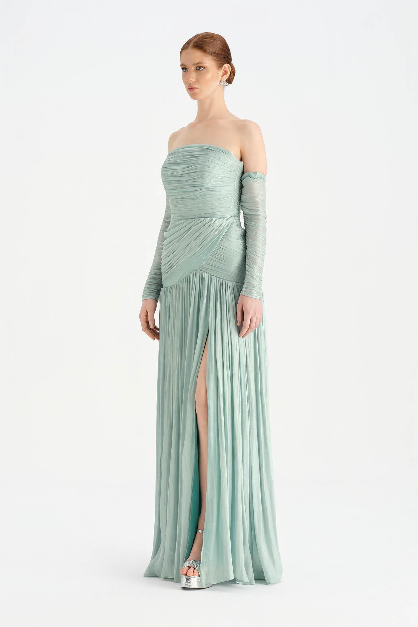 Uzun Kol Starplez Yaka Detaylı Pilise Abiye Elbise - 26091C - MİNT