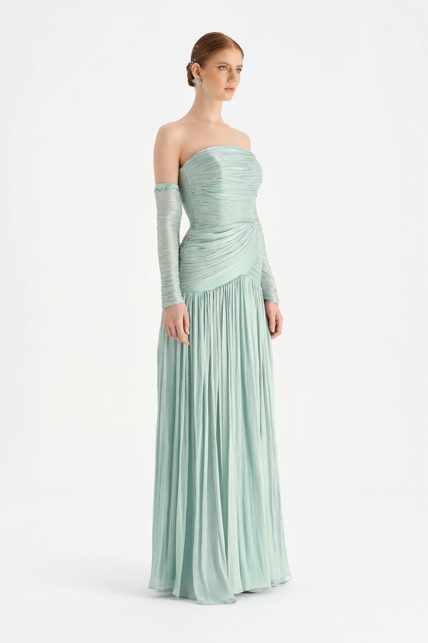 Uzun Kol Starplez Yaka Detaylı Pilise Abiye Elbise - 26091C - MİNT