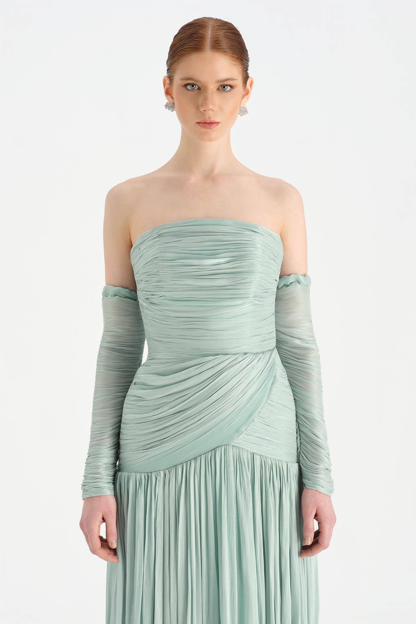 Uzun Kol Starplez Yaka Detaylı Pilise Abiye Elbise - 26091C - MİNT