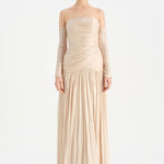 Uzun Kol Starplez Yaka Detaylı Pilise Abiye Elbise - 26091C - HARDAL