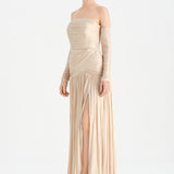 Uzun Kol Starplez Yaka Detaylı Pilise Abiye Elbise - 26091C - HARDAL