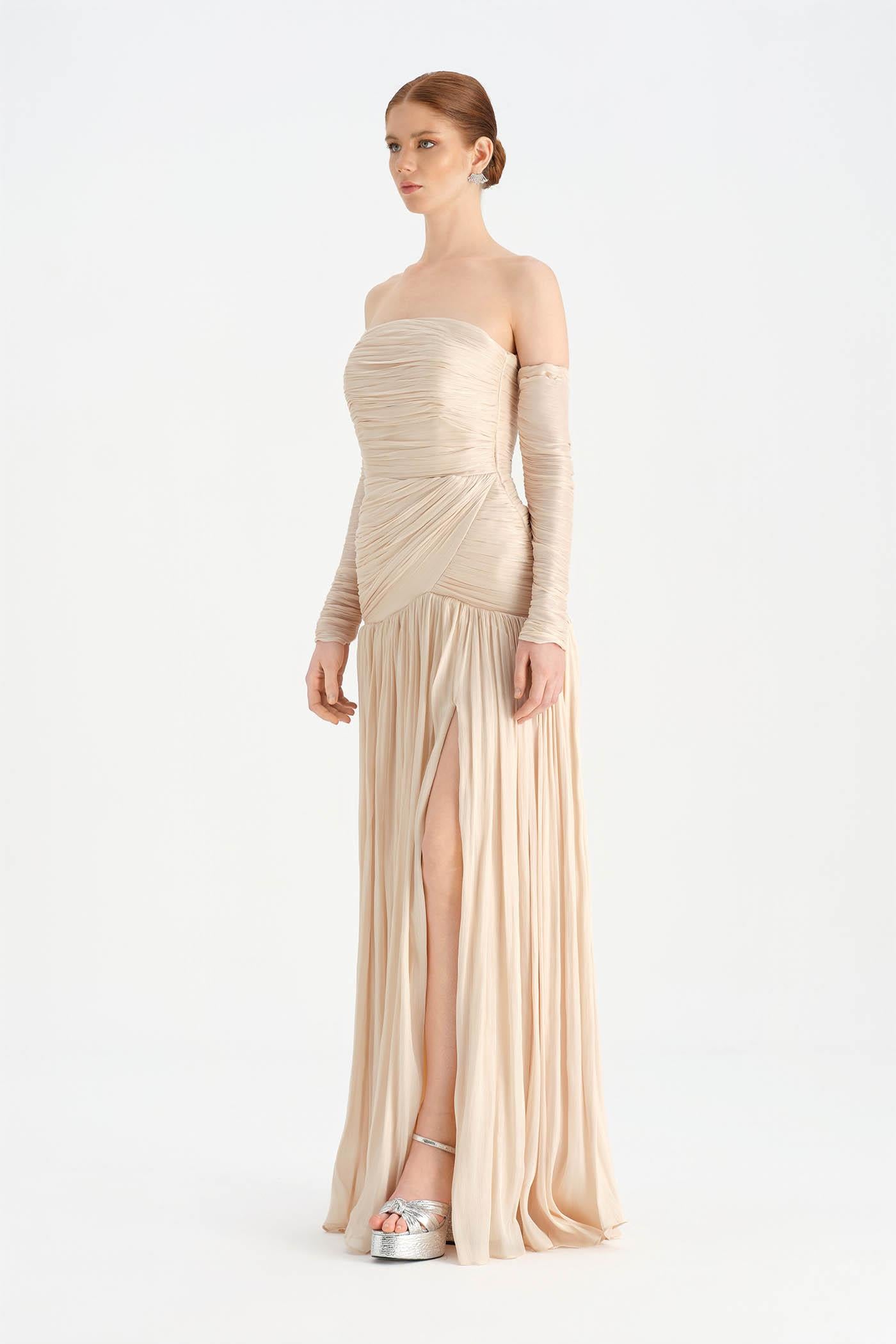 Uzun Kol Starplez Yaka Detaylı Pilise Abiye Elbise - 26091C - HARDAL