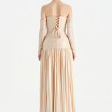 Uzun Kol Starplez Yaka Detaylı Pilise Abiye Elbise - 26091C - HARDAL