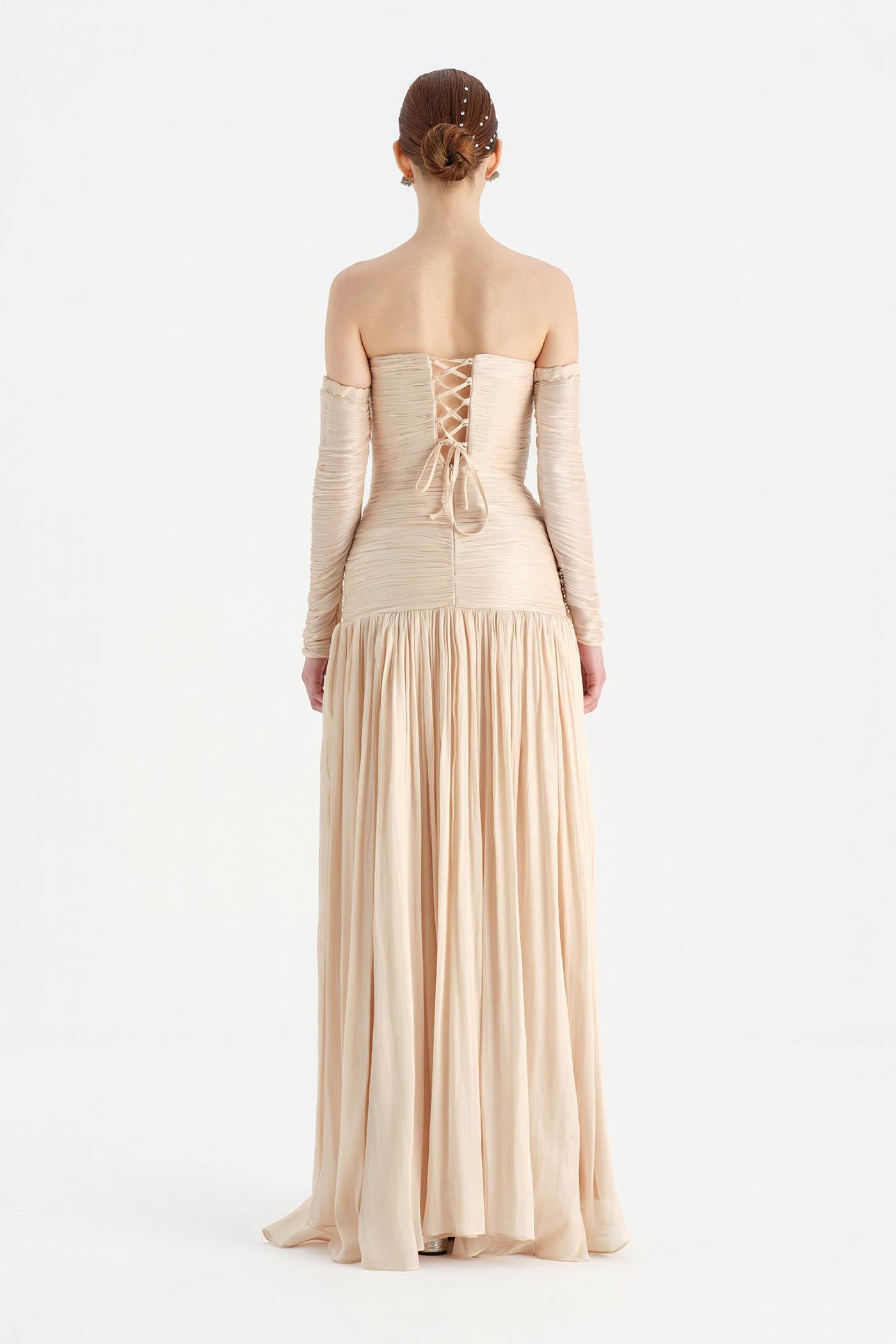 Uzun Kol Starplez Yaka Detaylı Pilise Abiye Elbise - 26091C - HARDAL