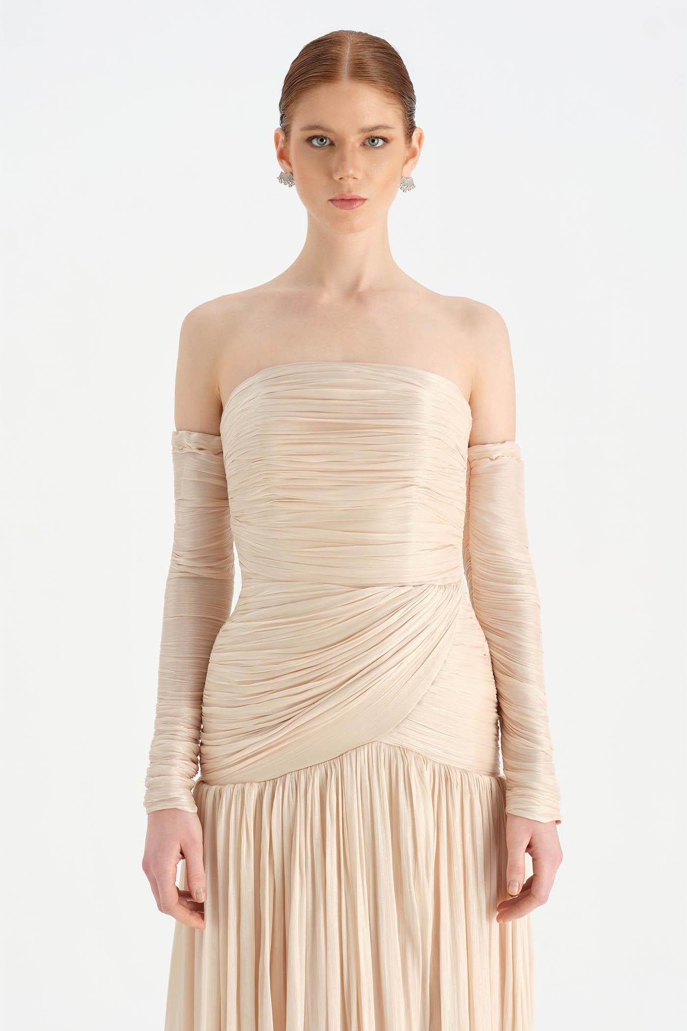 Uzun Kol Starplez Yaka Detaylı Pilise Abiye Elbise - 26091C - HARDAL