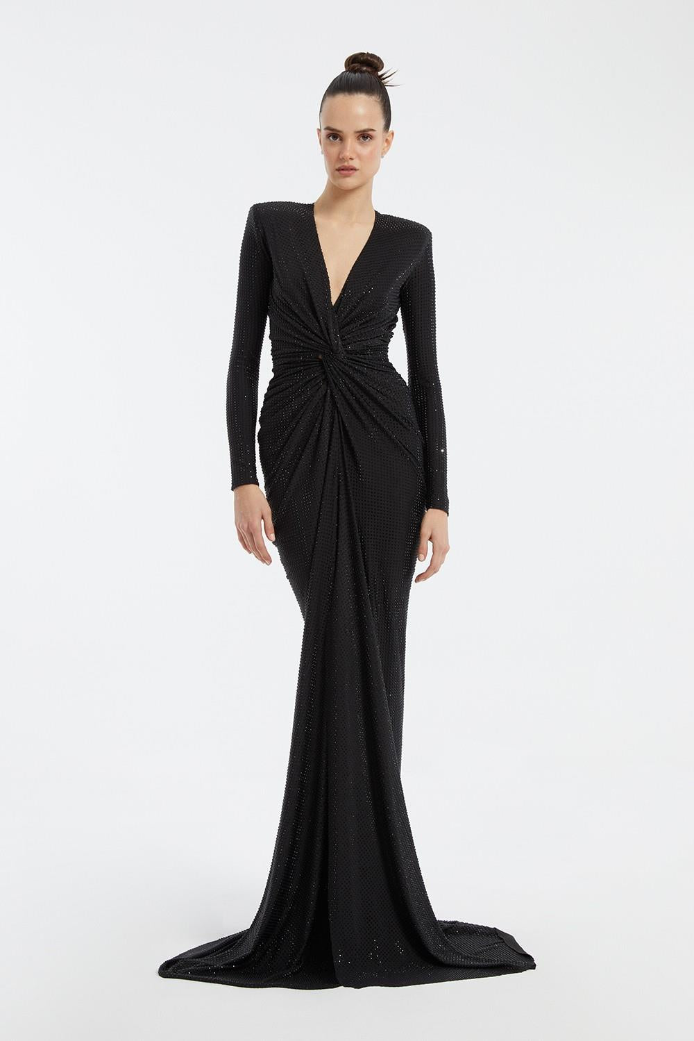 Long Sleeve Draped Long Evening Dress - 3011C