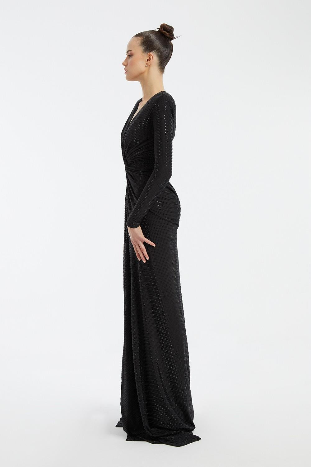 Long Sleeve Draped Long Evening Dress - 3011C