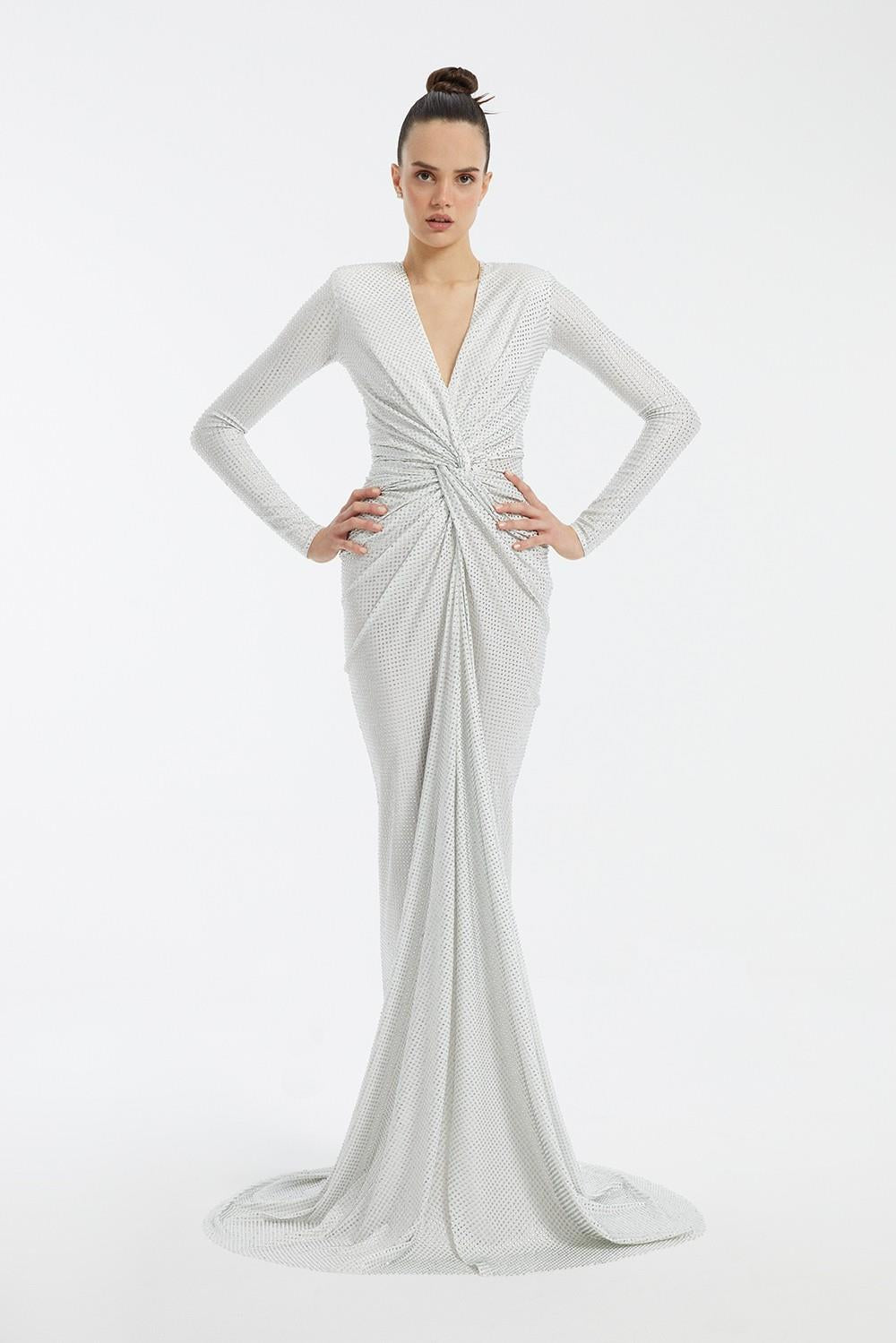 Long Sleeve Draped Long Evening Dress - 3011C