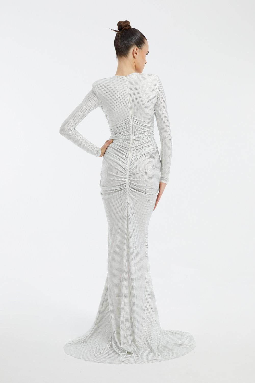 Long Sleeve Draped Long Evening Dress - 3011C