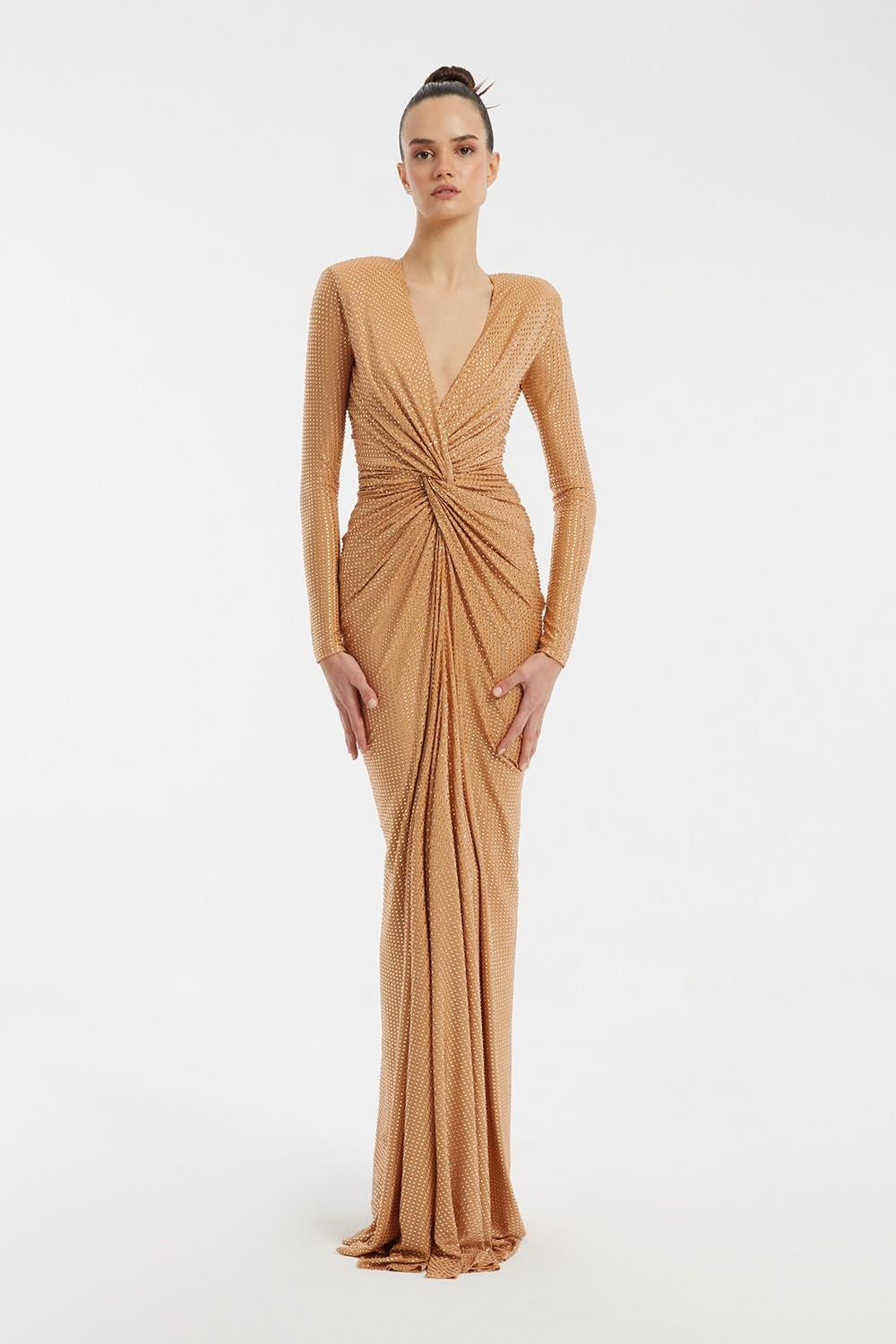 Long Sleeve Draped Long Evening Dress - 3011C
