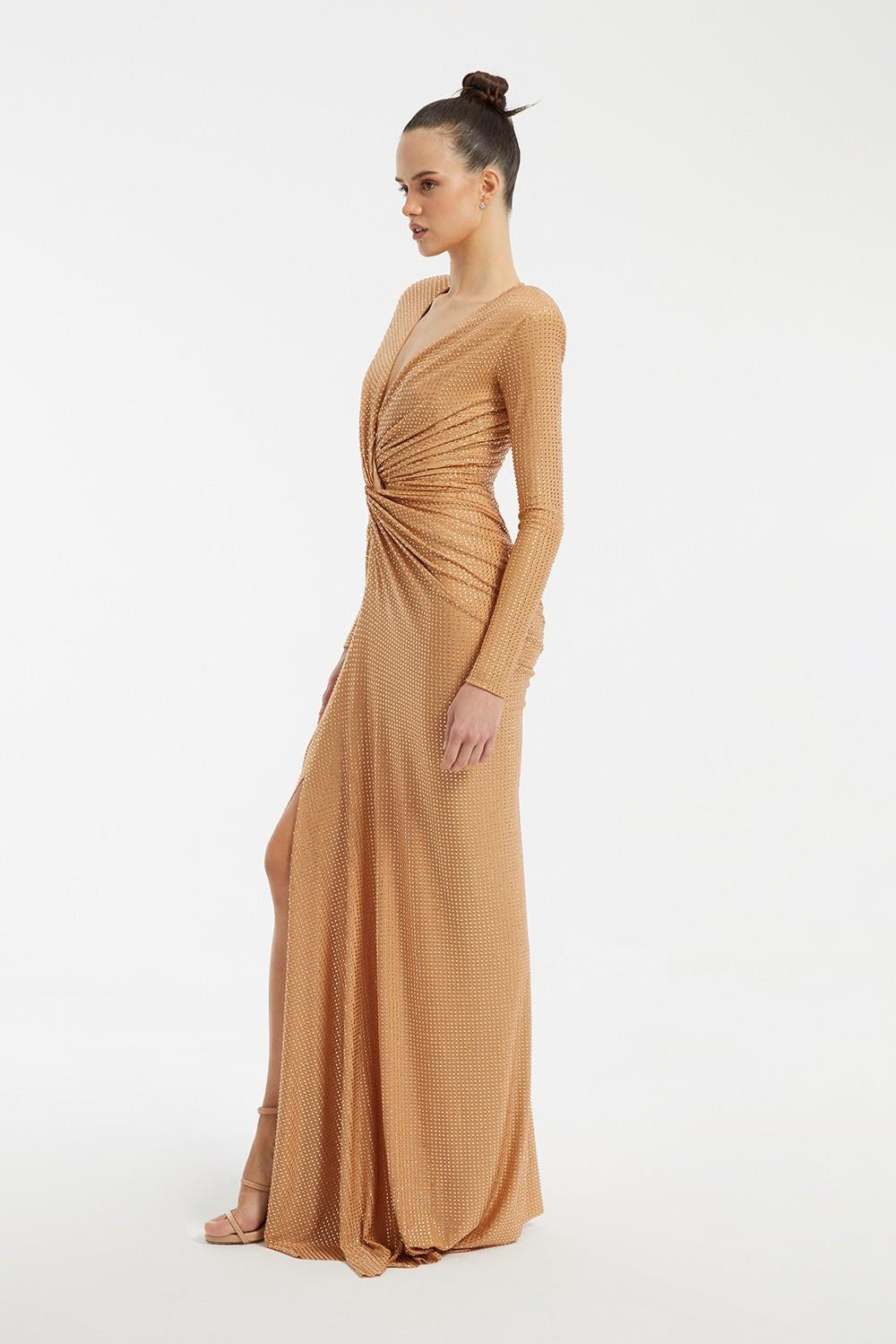 Long Sleeve Draped Long Evening Dress - 3011C