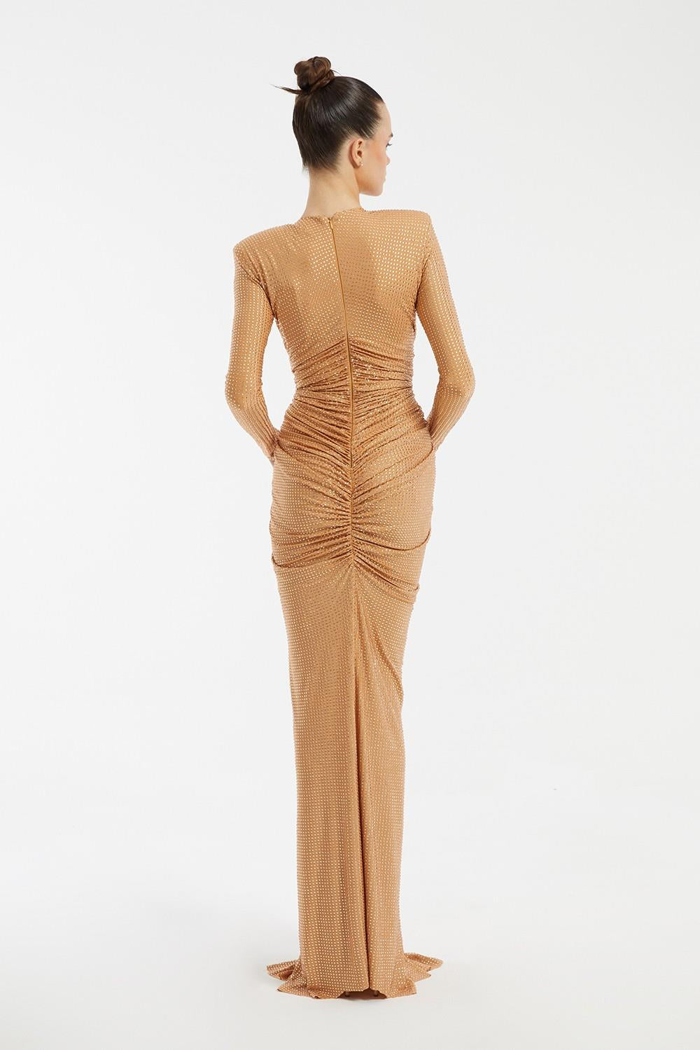 Long Sleeve Draped Long Evening Dress - 3011C