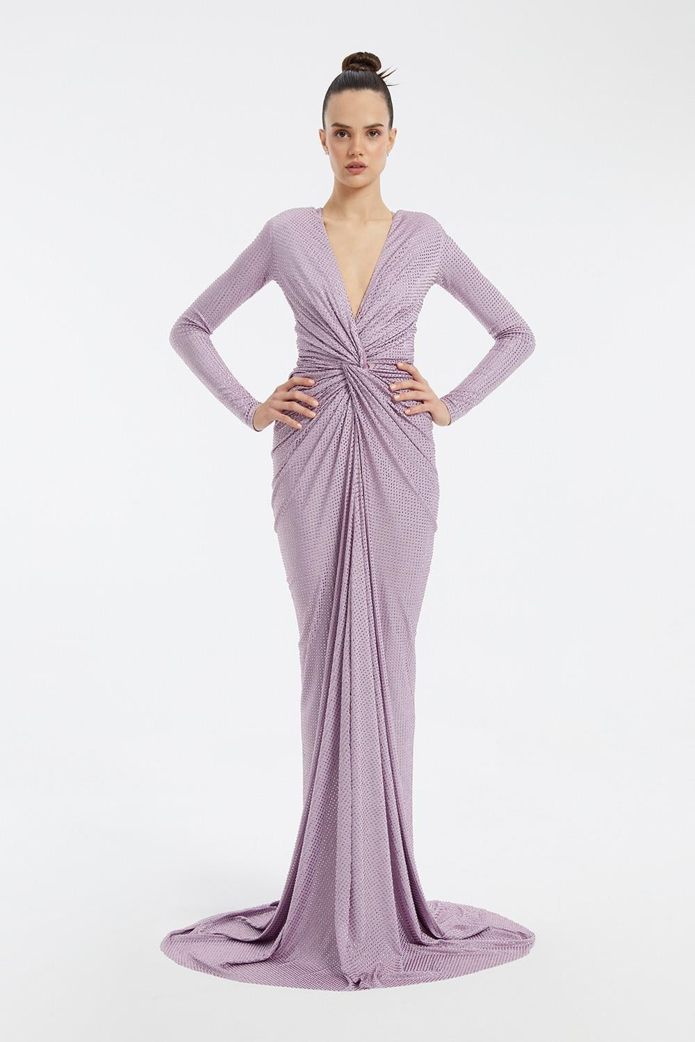Long Sleeve Draped Long Evening Dress - 3011C