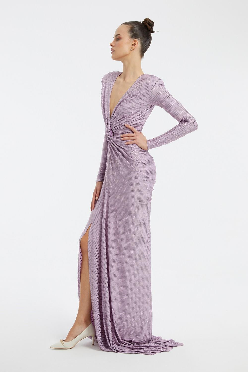 Long Sleeve Draped Long Evening Dress - 3011C